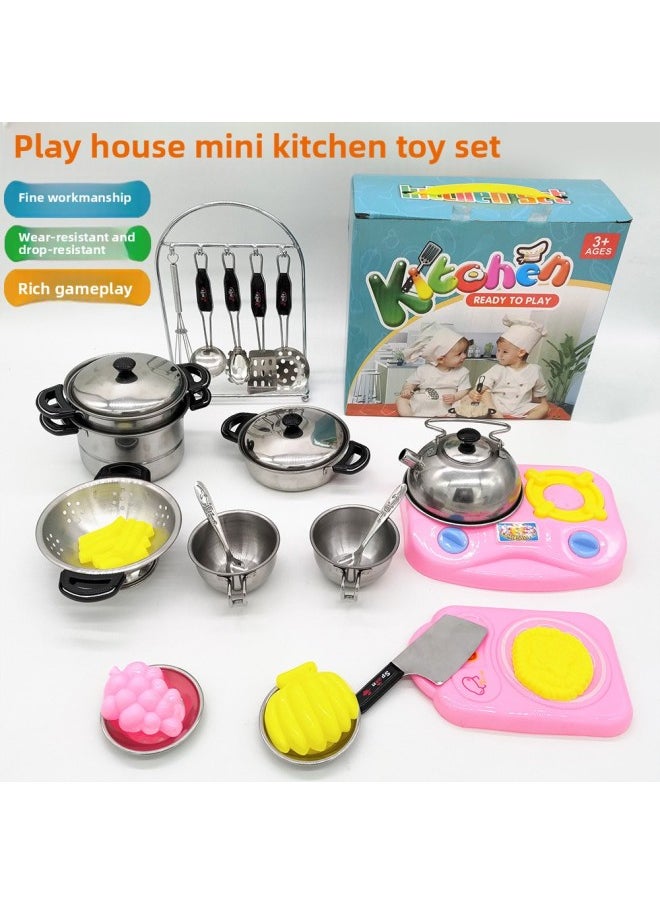 Safety And Environmental Protection Children's Mini Kitchen Stainless Steel Tableware Cooking Toy Boys And Girls Game Set-Color:18 Pieces Of High-grade Baking Varnish