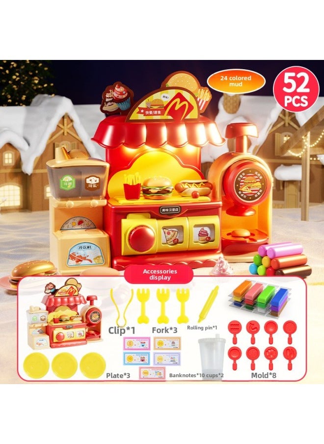 DIY Creative Ice Cream Shop Color Mud Ice Cream Machine Children Color Mud Ice Cream Machine Handmade Mask Clay Plasticine Toy-Color:Colored Clay Burger Shop [e-commerce Box] With 24 Mud
