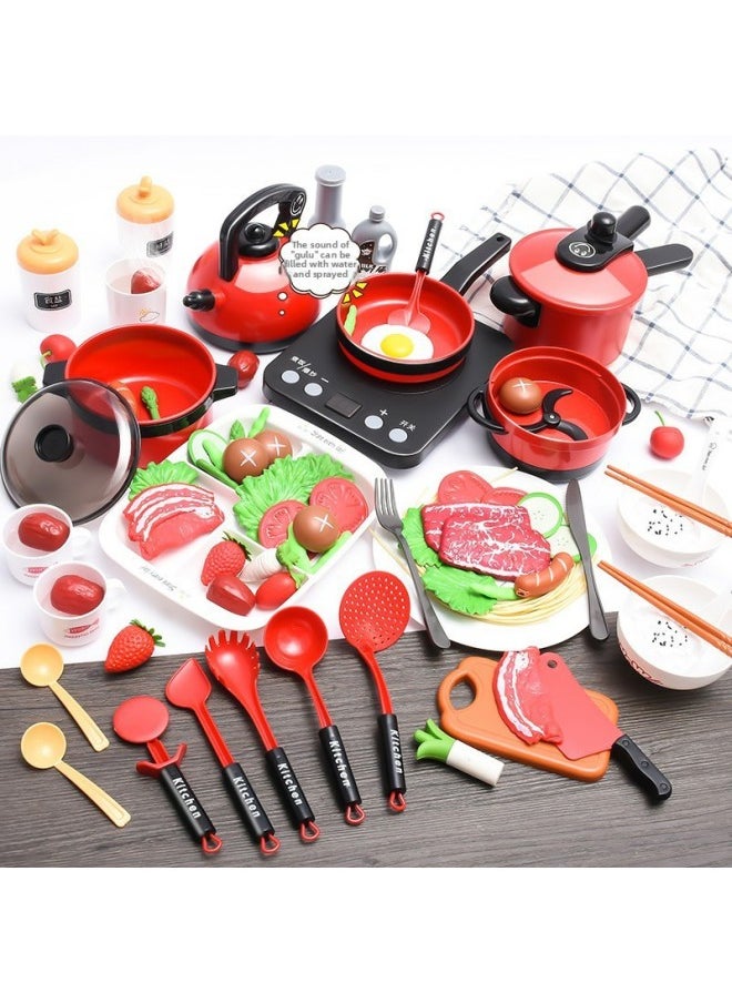 Children's Play Kitchen Toy Set Girls Cooking Boy Baby Simulation Induction Cooker Cooking Kitchenware Set-Color:Large Red 36-piece Kitchenware
