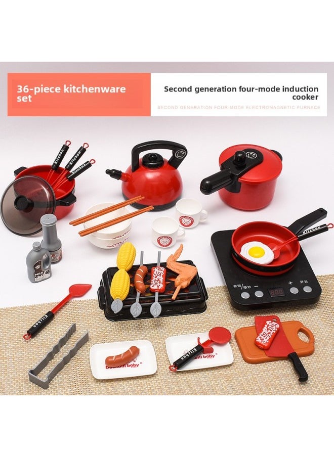Children's Play Kitchen Toy Set Girls Cooking Boy Baby Simulation Induction Cooker Cooking Kitchenware Set-Color:Large Red 36-piece Kitchenware