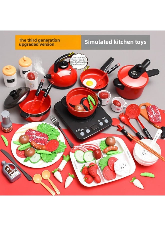 Children's Play Kitchen Toy Set Girls Cooking Boy Baby Simulation Induction Cooker Cooking Kitchenware Set-Color:Large Red 36-piece Kitchenware