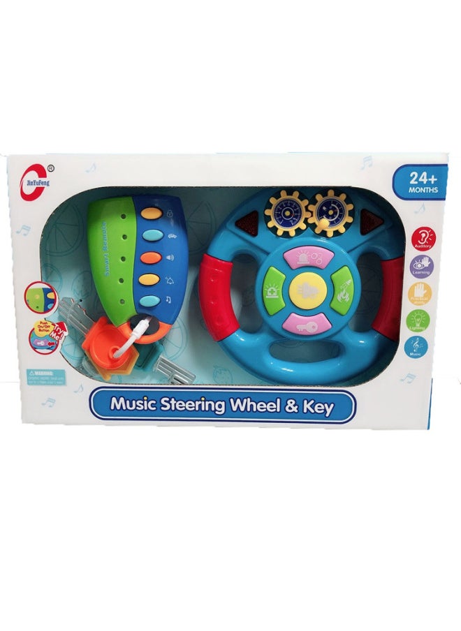 Children's Steering Wheel With Car Key Remote Control Bus Car Simulation Sound Effect Light Music Remote Control-Color:Steering Wheel Blue + Random Key