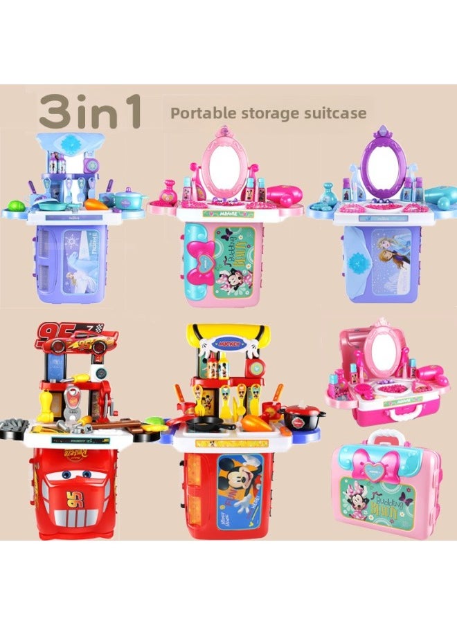 Disney Frozen Kitchen Tableware Toy Backpack Young Children Play House Girl Simulation Beauty Cosmetics-Color:[Color Box] Car Story Series Tool Toys 3-in-1 Suitcase