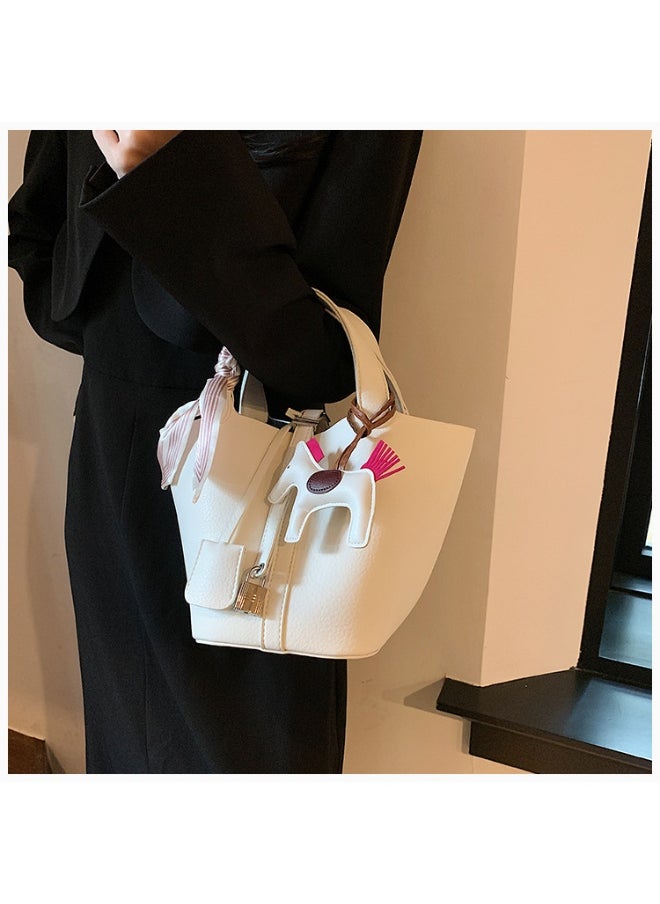 Patchwork Pendant Decor Simple Design Satchel Bag Include Pony Pendant and Silk Scarf