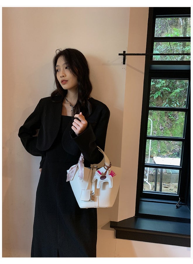 Patchwork Pendant Decor Simple Design Satchel Bag Include Pony Pendant and Silk Scarf