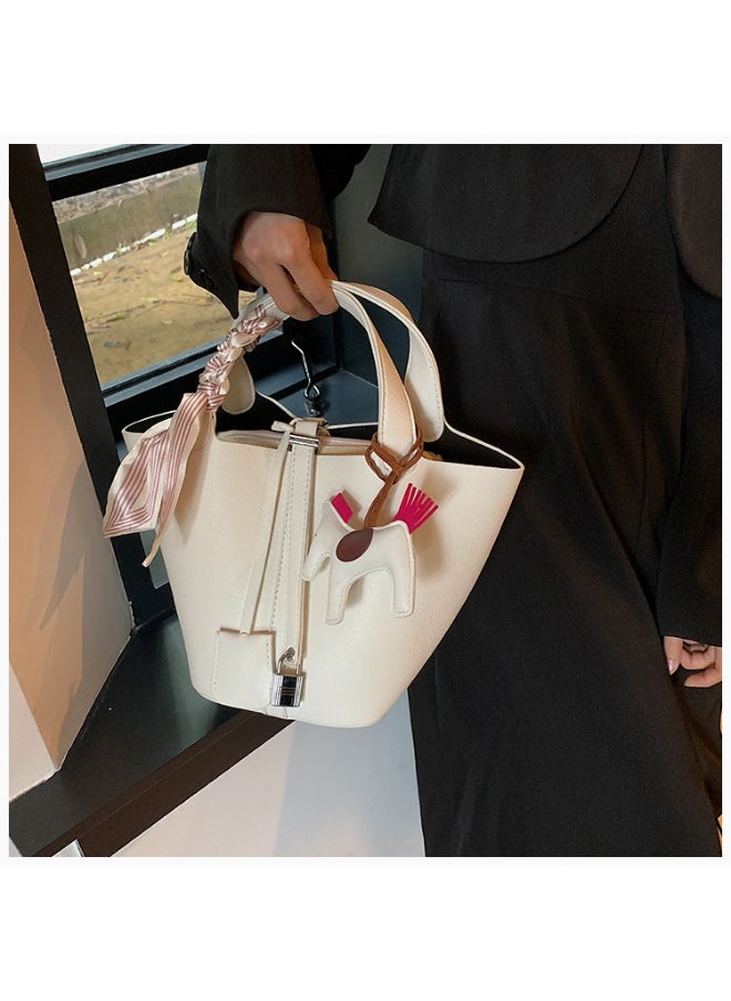Patchwork Pendant Decor Simple Design Satchel Bag Include Pony Pendant and Silk Scarf