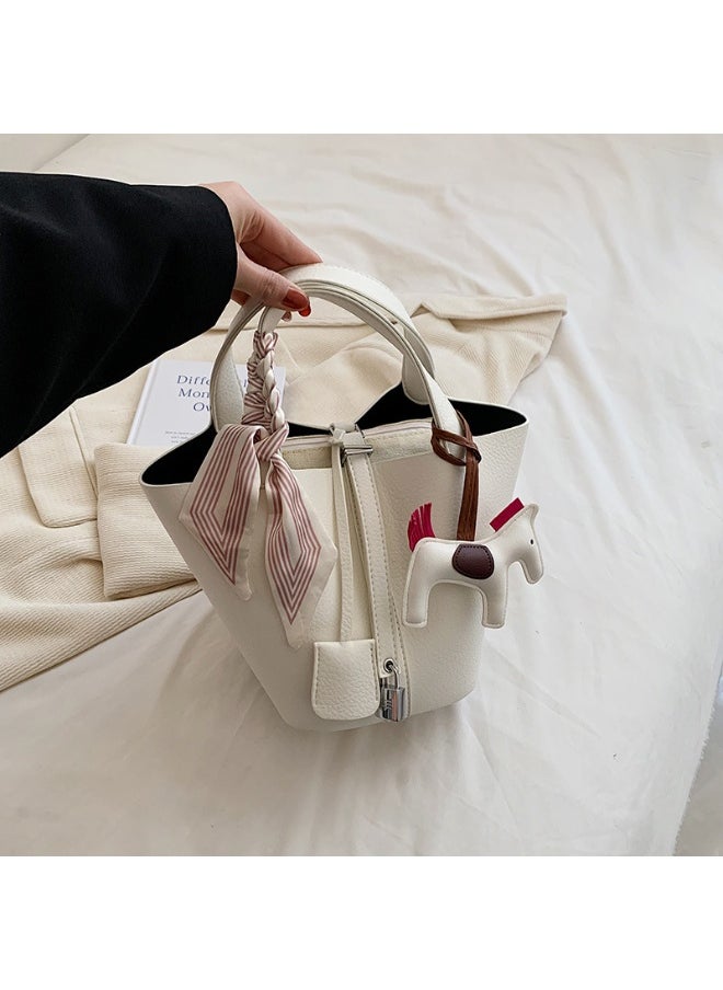 Patchwork Pendant Decor Simple Design Satchel Bag Include Pony Pendant and Silk Scarf