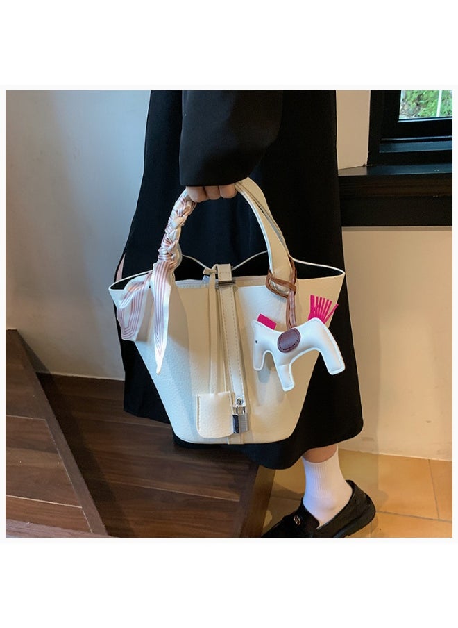 Patchwork Pendant Decor Simple Design Satchel Bag Include Pony Pendant and Silk Scarf