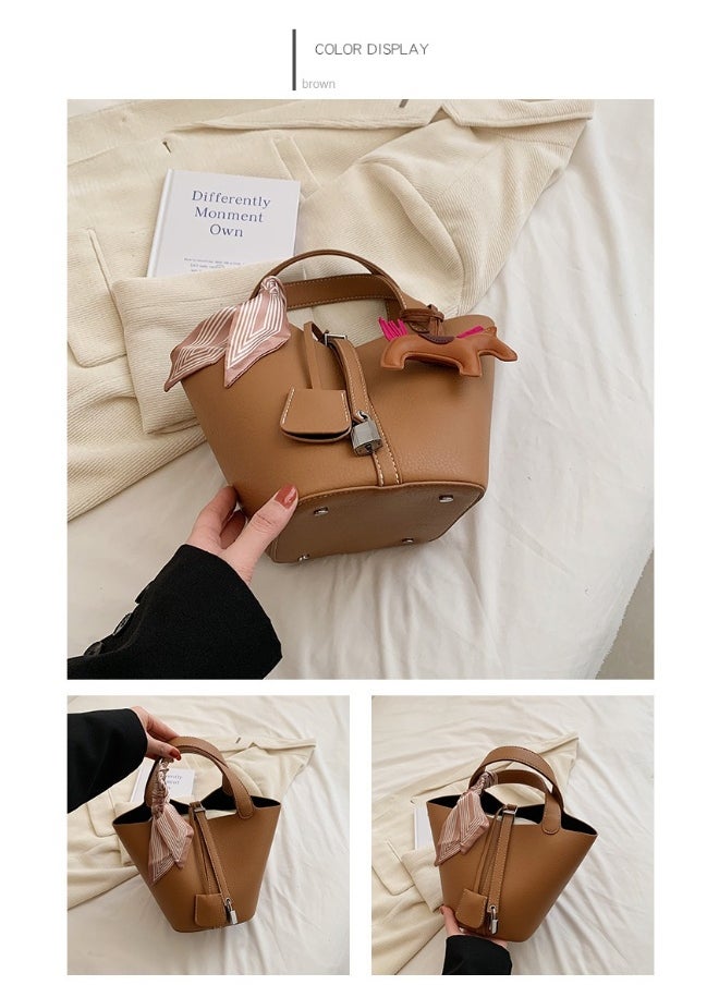 Patchwork Pendant Decor Simple Design Satchel Bag Include Pony Pendant and Silk Scarf