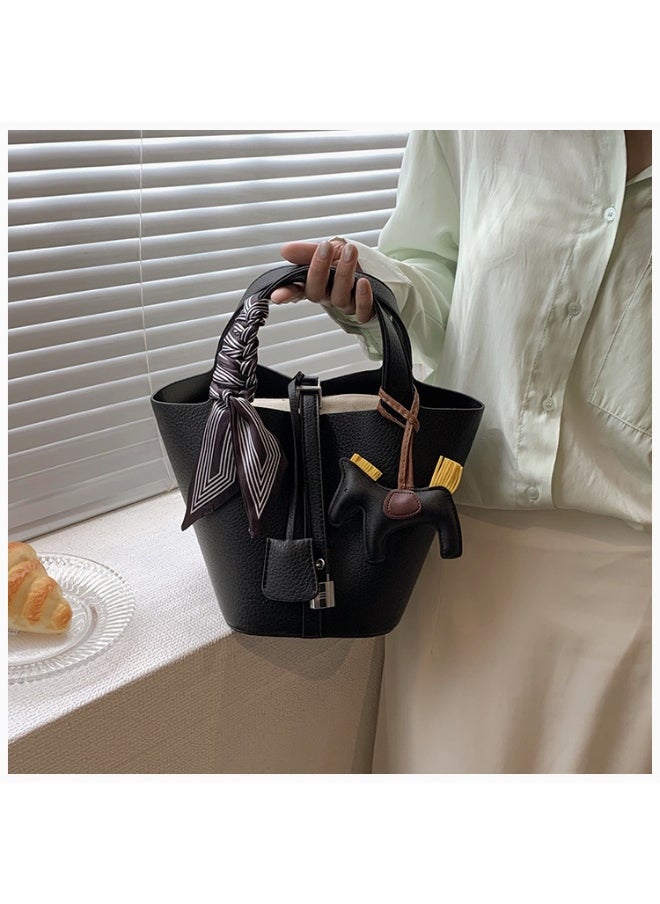 Patchwork Pendant Decor Simple Design Satchel Bag Include Pony Pendant and Silk Scarf