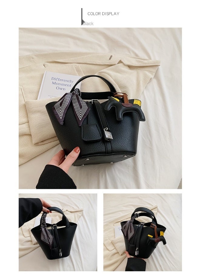 Patchwork Pendant Decor Simple Design Satchel Bag Include Pony Pendant and Silk Scarf