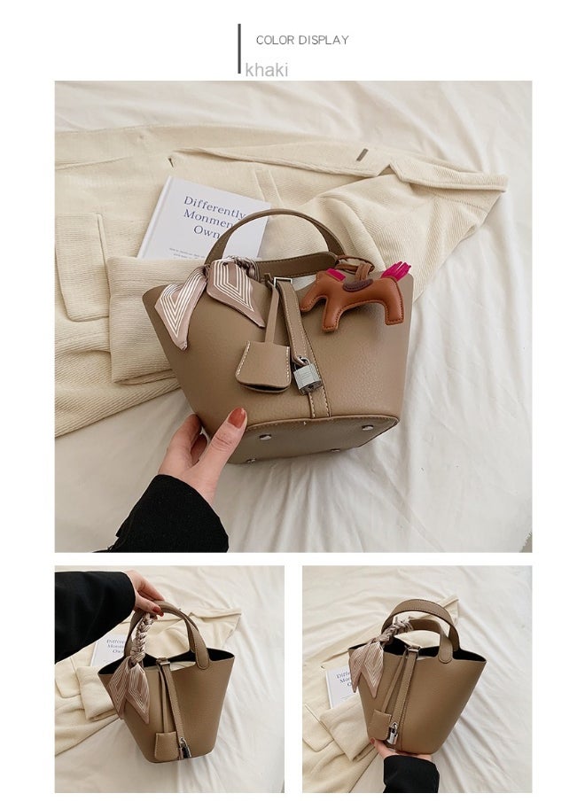 Patchwork Pendant Decor Simple Design Satchel Bag Include Pony Pendant and Silk Scarf
