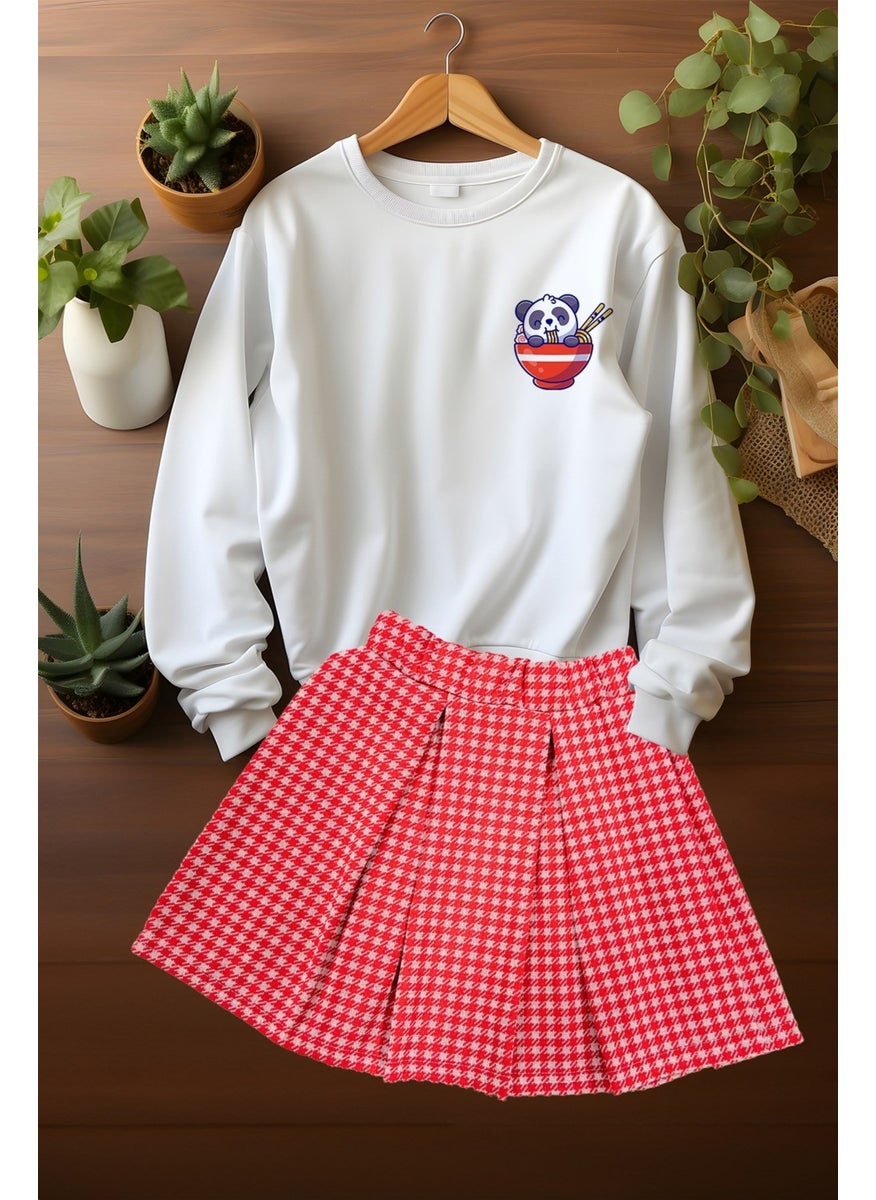 Ada Baby Child Style Plaid Skirt Panda Patterned Sweat Skirt Top and Bottom Set