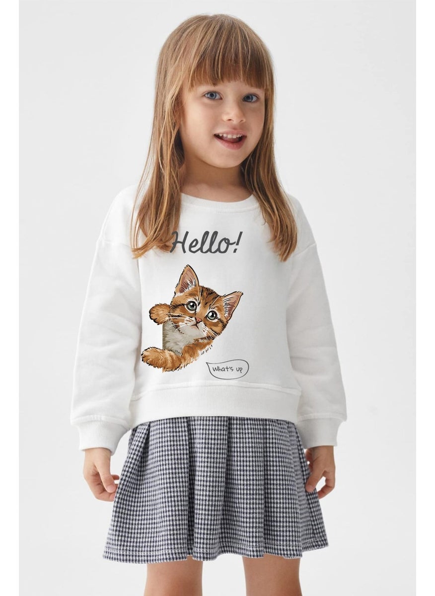 Plaid Square Skirt Style Organic Hello Cat Printed Sweat Skirt Set