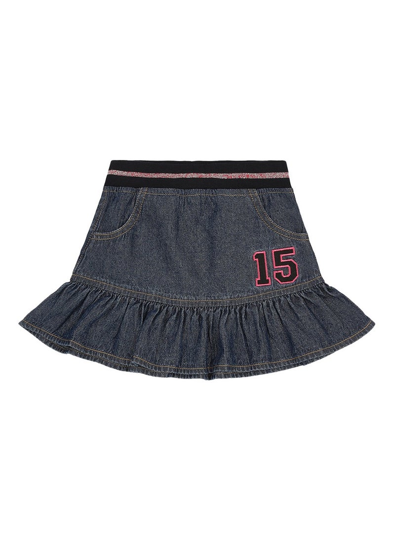 Girls Navy Blue Solid Peplum Knee-Length Denim Skirt