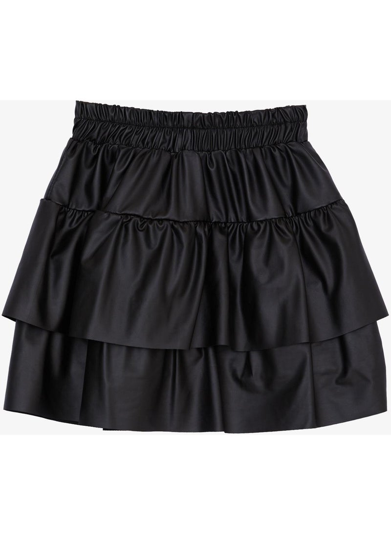 Girl's Leather Skirt with Layered Bow, Age 5-10, Black