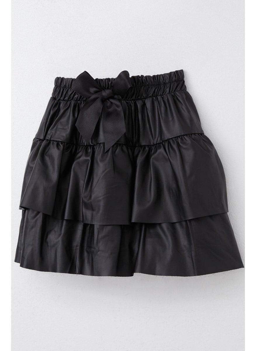 Girl's Leather Skirt with Layered Bow, Age 5-10, Black