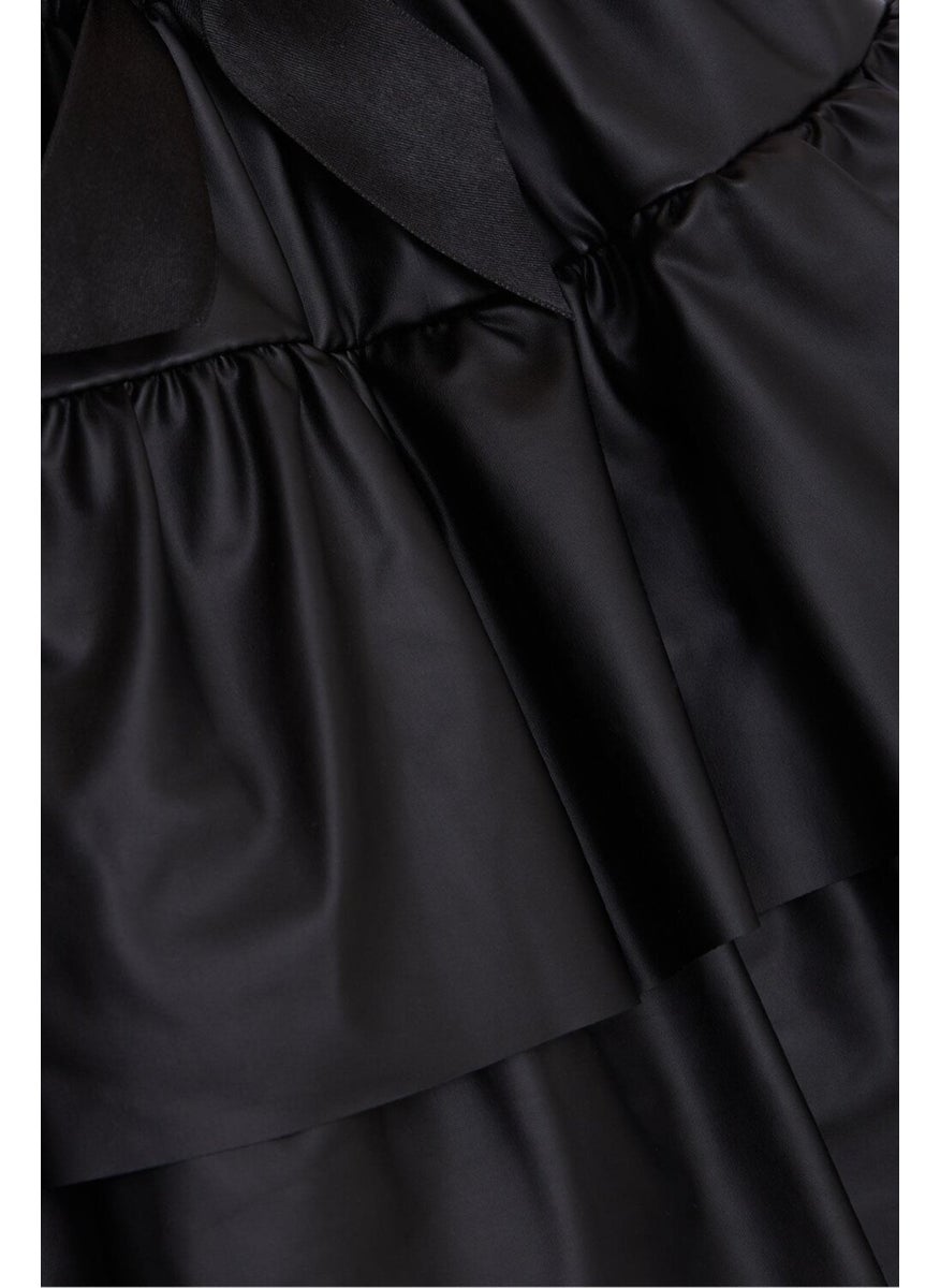 Girl's Leather Skirt with Layered Bow, Age 5-10, Black
