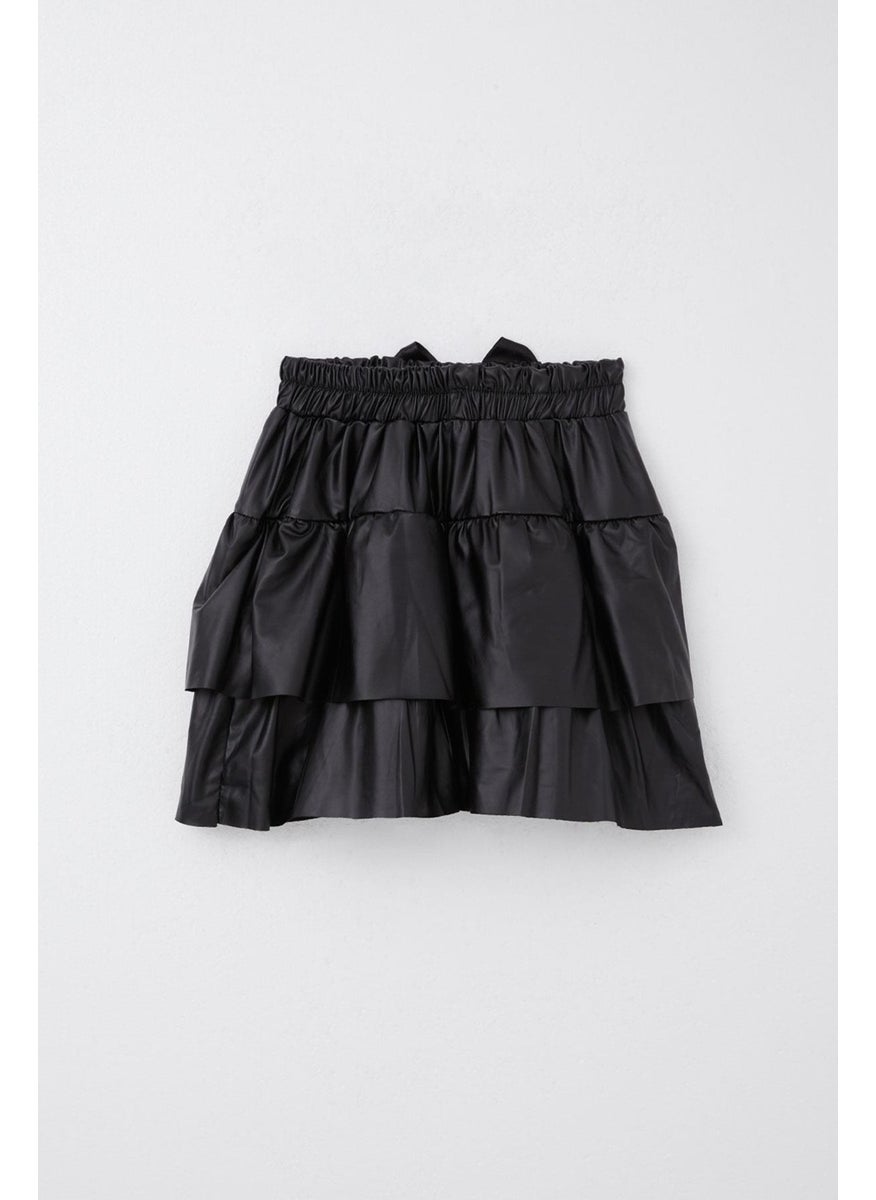 Girl's Leather Skirt with Layered Bow, Age 5-10, Black