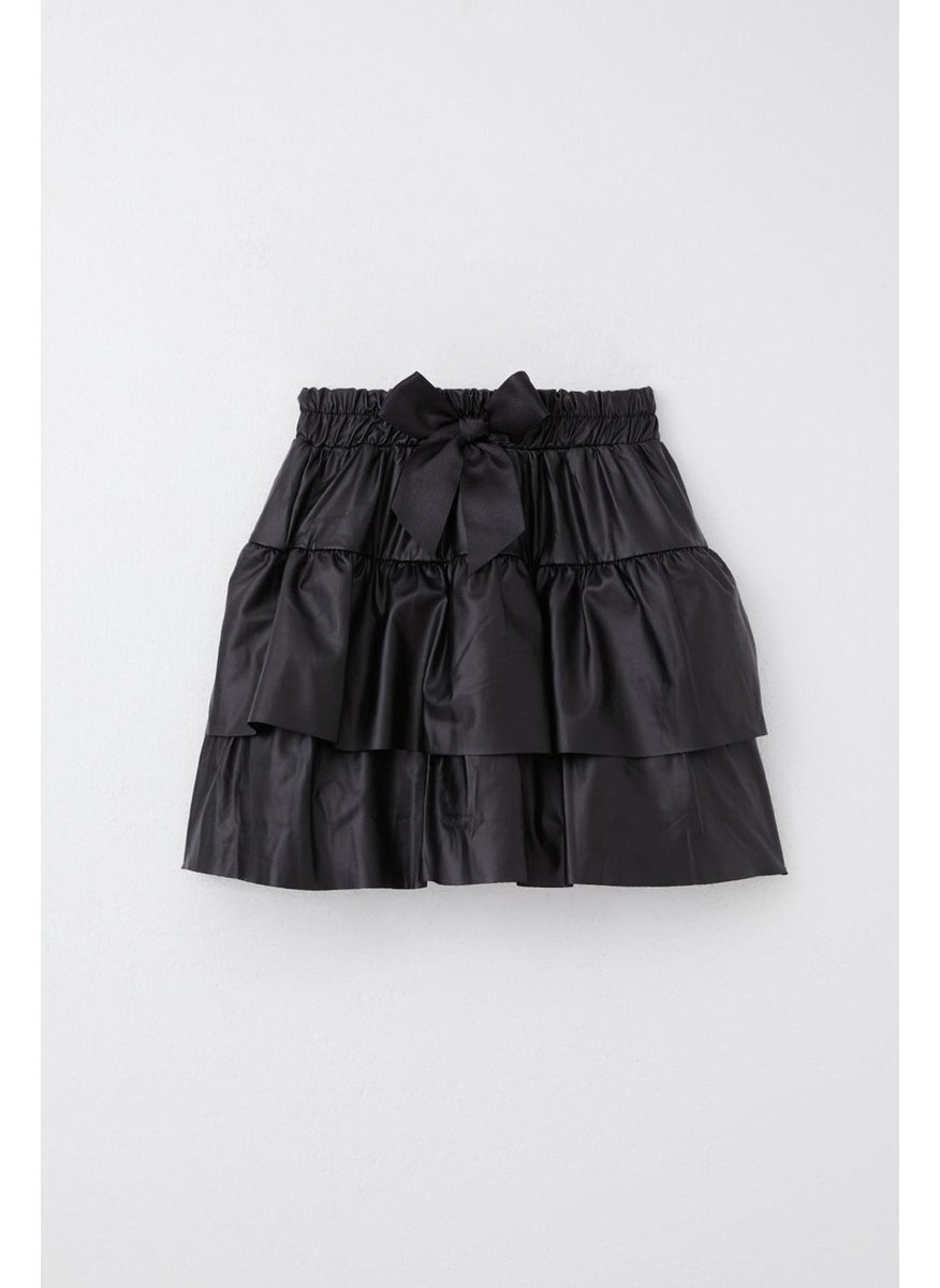 Girl's Leather Skirt with Layered Bow, Age 5-10, Black