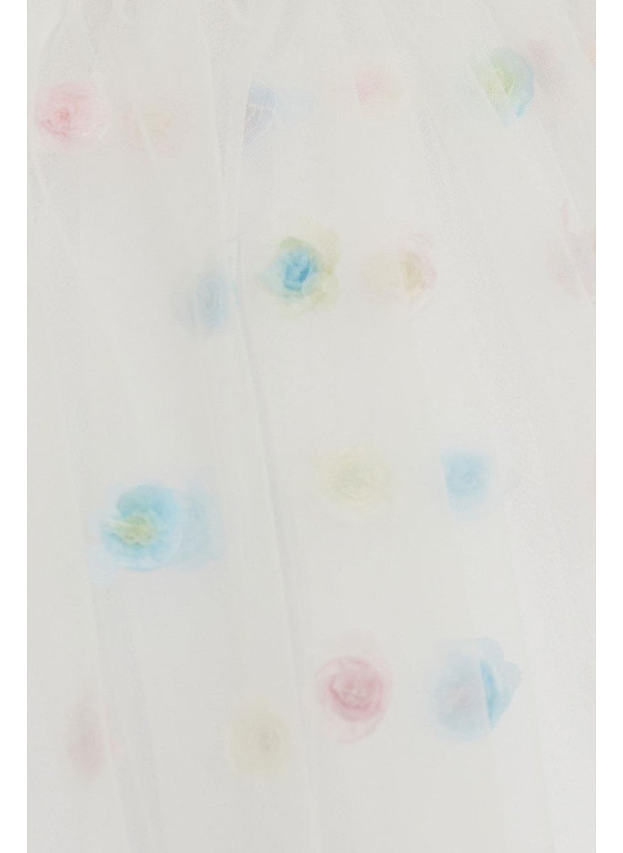 Girls Tutu Skirt Colorful Flower Embroidered 4-8 Years, White