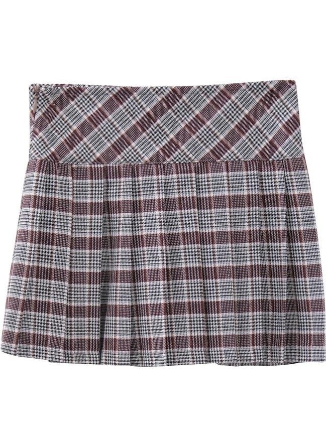 Girls Plaid Pleated Skirt - Burgundy Plaid