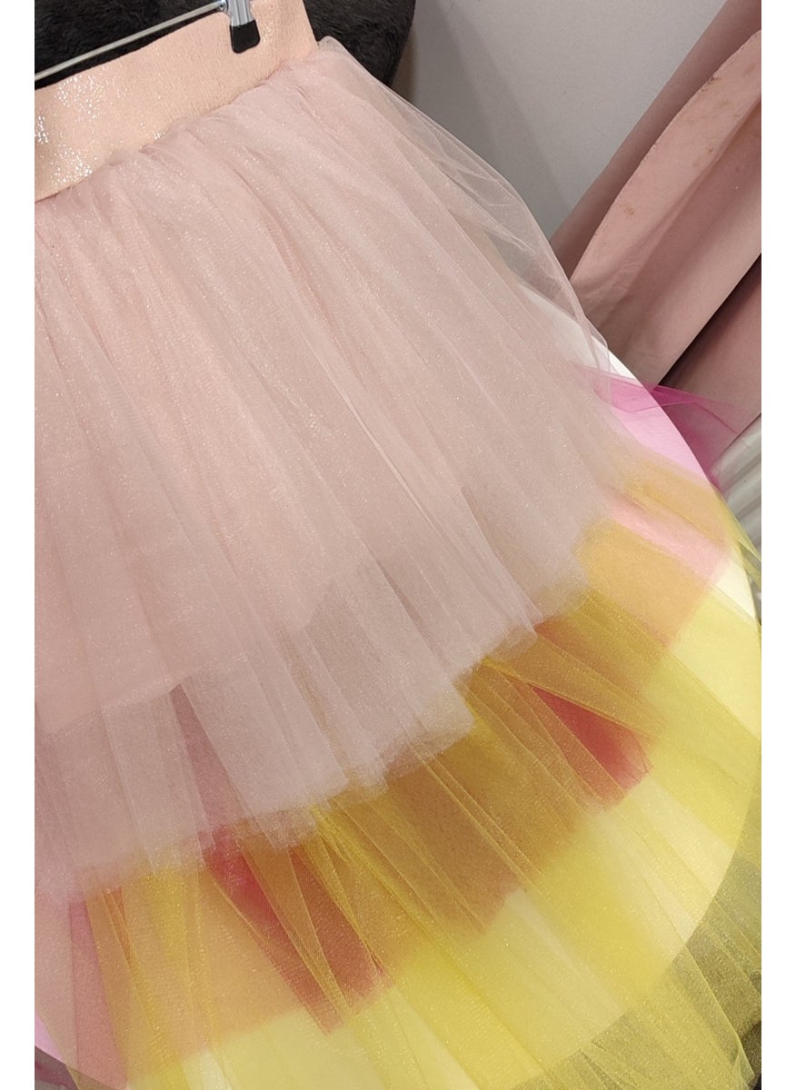 Girl Tulle Back Long Layered Tutu Skirt - Special Day and Birthday Outfit - Powder, Fuchsia, Yellow