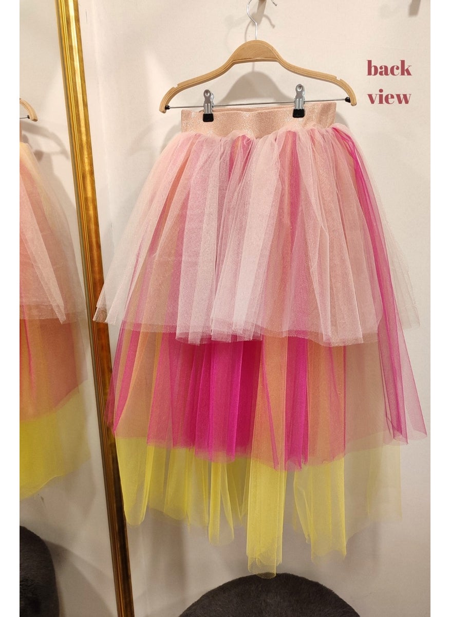 Girl Tulle Back Long Layered Tutu Skirt - Special Day and Birthday Outfit - Powder, Fuchsia, Yellow