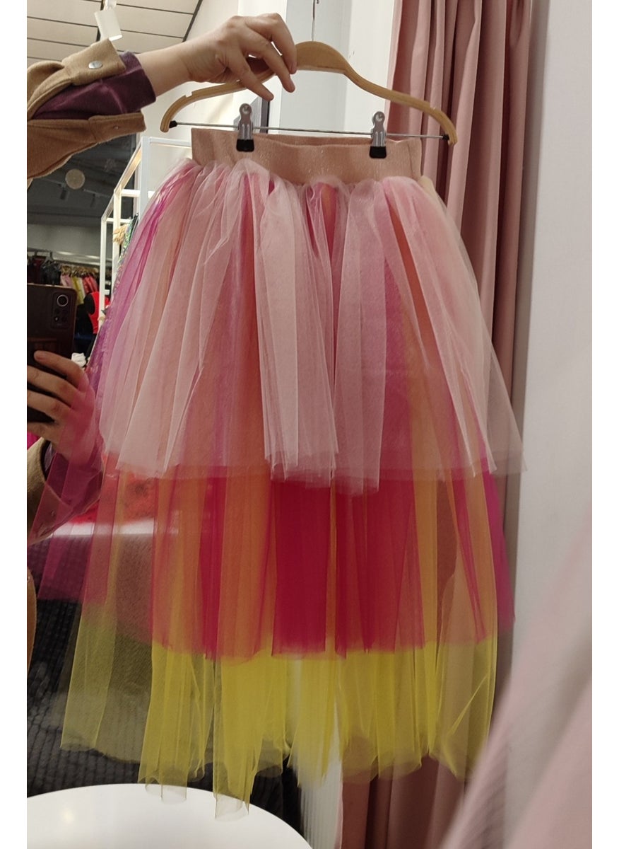 Girl Tulle Back Long Layered Tutu Skirt - Special Day and Birthday Outfit - Powder, Fuchsia, Yellow