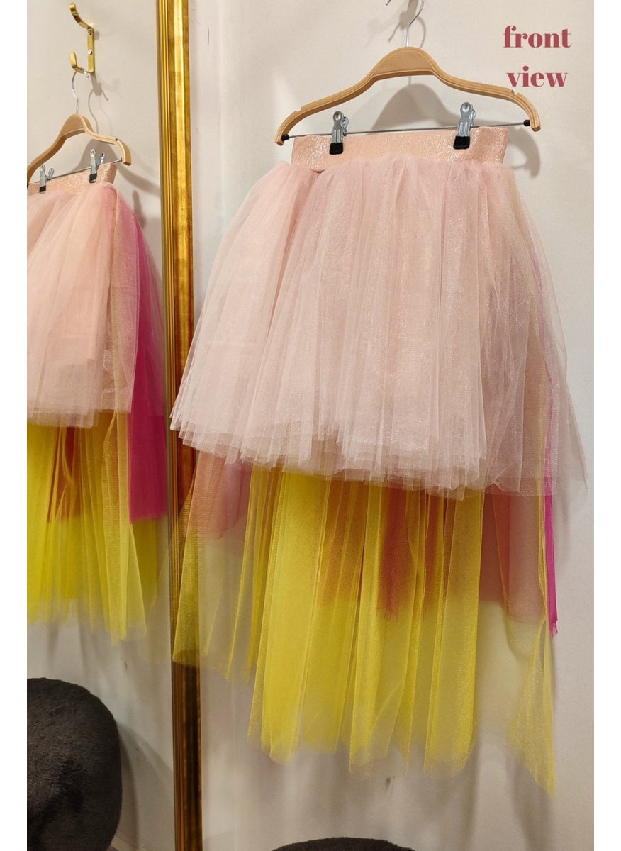 Girl Tulle Back Long Layered Tutu Skirt - Special Day and Birthday Outfit - Powder, Fuchsia, Yellow
