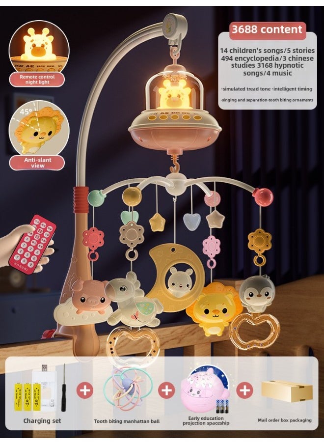 Bedside Baby Toy Month Rocker Pendant Newborn Hanging Baby Bed Bell Rotatable Girl Factory-Color:Remote Control Night Light Version/rechargeable Battery/pink [3688 Content + Tread Sound + Anti-slant View + Timing] Projection Early Education Spaceship + Manhattan Ball