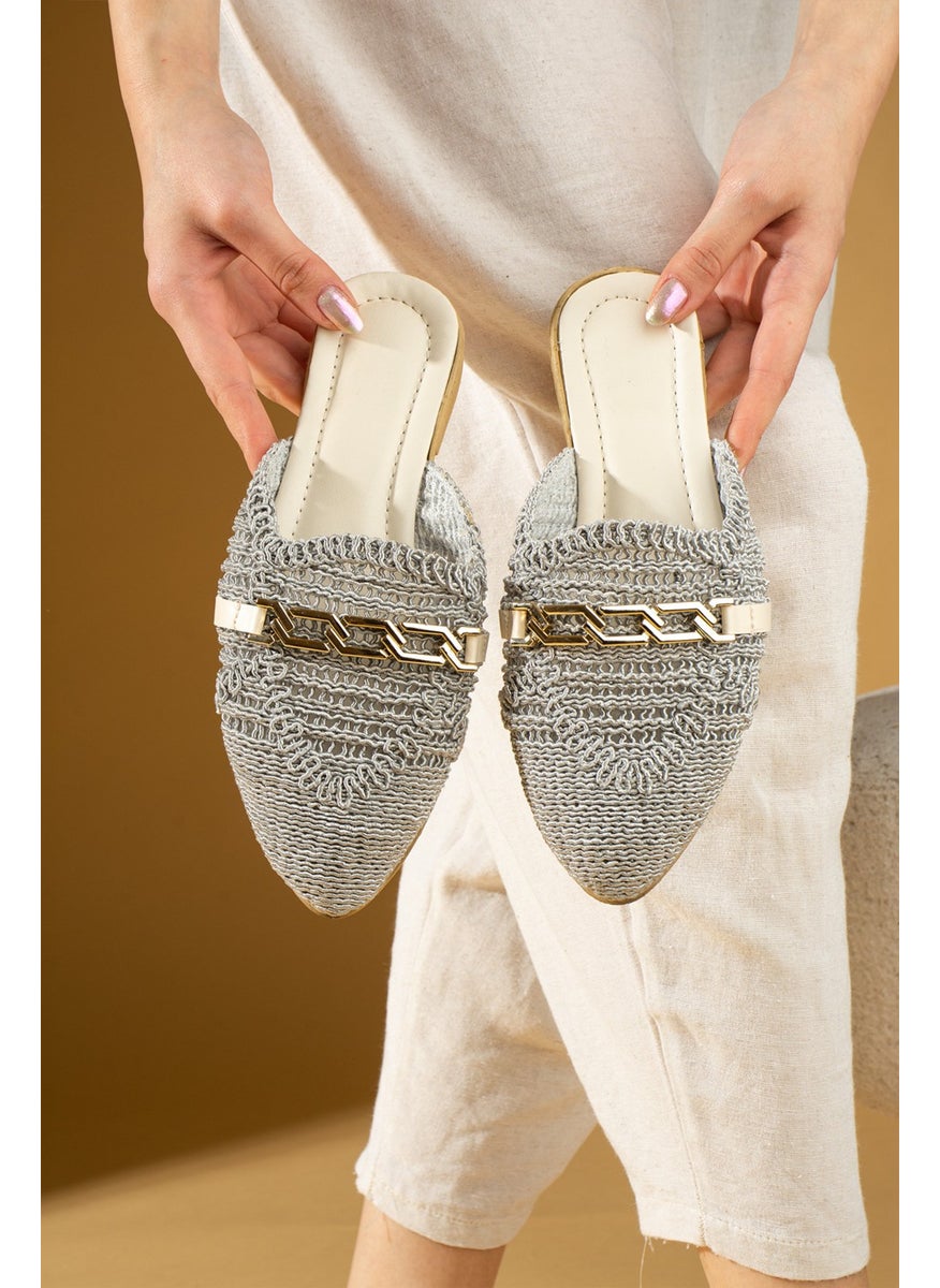 Pink Potin Chain Buckle Lace Knitted Patterned Comfortable Fit Women's Slippers 001-1-24