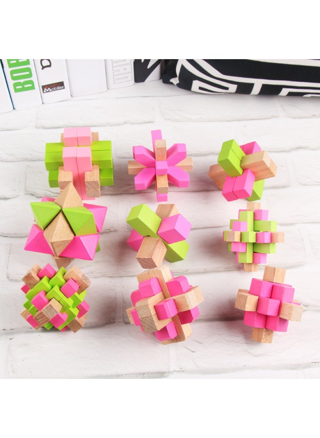 Beech Kongming Lock Puzzle Disassembly And Assembly For Adults And Children Intelligence Unlocking Stall Gifts Wooden Toy Luban Lock For Hair-Color:Color 9-piece Set