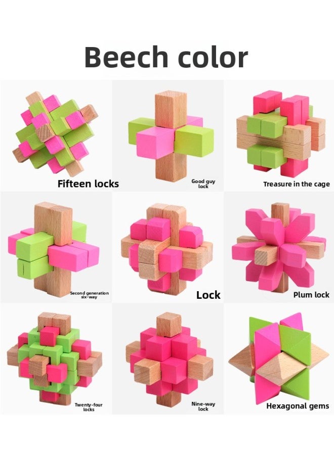 Beech Kongming Lock Puzzle Disassembly And Assembly For Adults And Children Intelligence Unlocking Stall Gifts Wooden Toy Luban Lock For Hair-Color:Color 9-piece Set