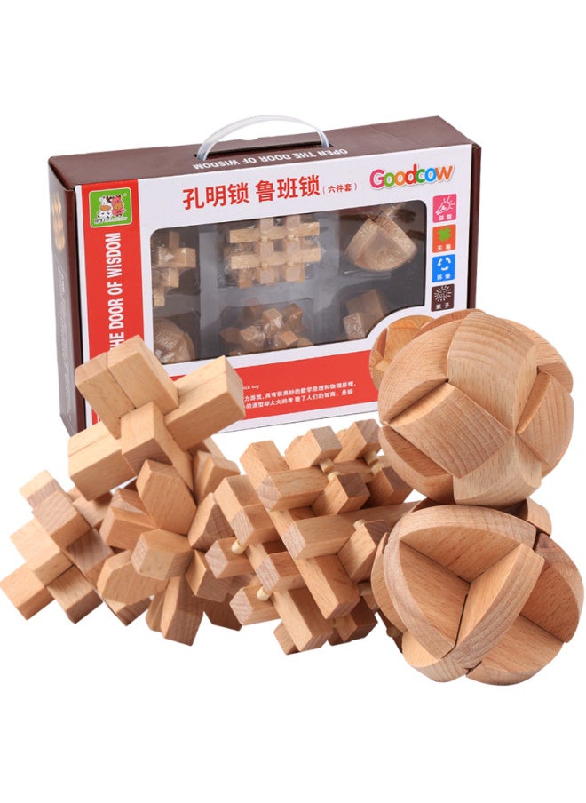 Beech Kongming Lock Puzzle Disassembly And Assembly For Adults And Children Intelligence Unlocking Stall Gifts Wooden Toy Luban Lock For Hair-Color:Color 9-piece Set
