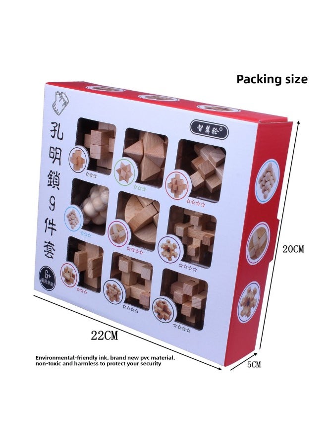 Wooden Kongming Lock 9-piece Set Color Boxed Classical Disassembly And Assembly Student Educational Children's Wooden Building Blocks Toy Gift-Color:Kongming Lock 9-piece Chinese Bag