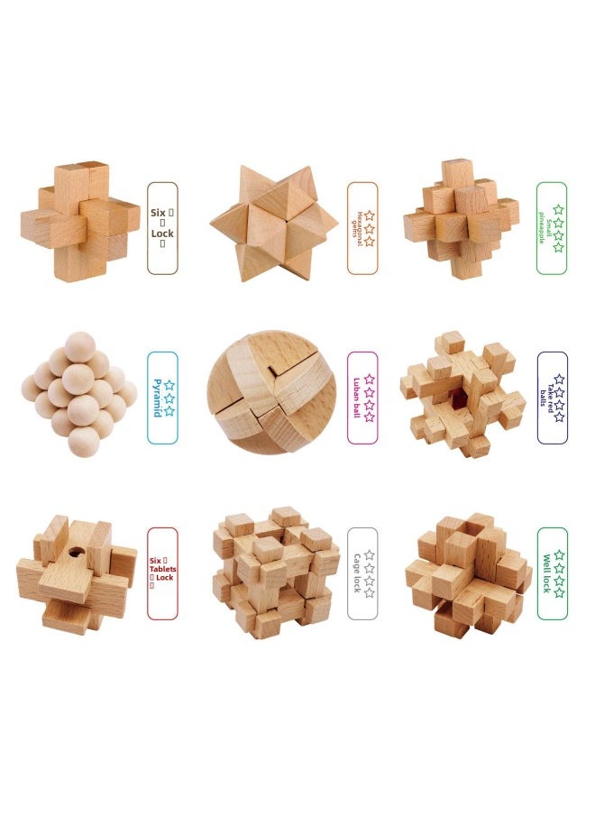 Wooden Kongming Lock 9-piece Set Color Boxed Classical Disassembly And Assembly Student Educational Children's Wooden Building Blocks Toy Gift-Color:Kongming Lock 9-piece Chinese Bag