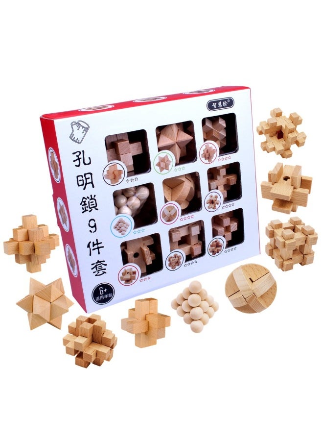 Wooden Kongming Lock 9-piece Set Color Boxed Classical Disassembly And Assembly Student Educational Children's Wooden Building Blocks Toy Gift-Color:Kongming Lock 9-piece Chinese Bag