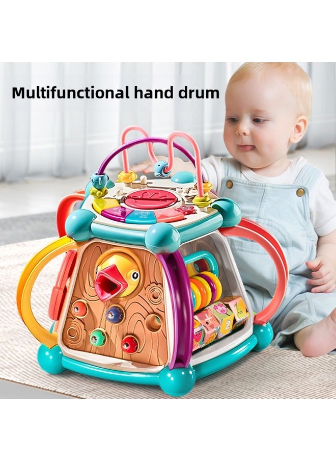 Baby Multi-functional Hand Drum Toy Puzzle Early Education Baby Seven Hexahedron Music Drum Gift-Color:Seven-sided Drum Music House [Woodpecker] 241 Early Education Contents