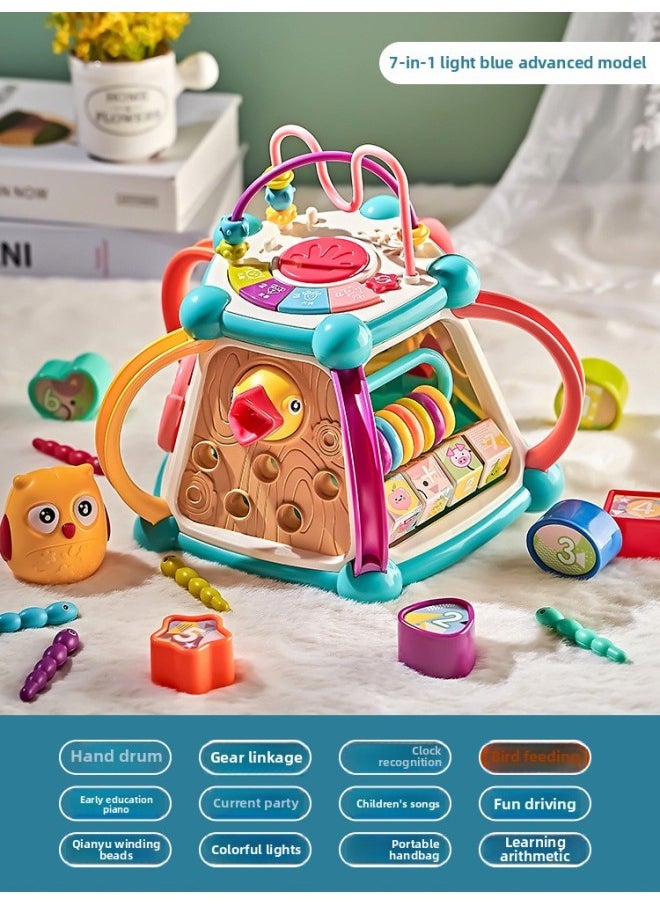 Baby Multi-functional Hand Drum Toy Puzzle Early Education Baby Seven Hexahedron Music Drum Gift-Color:Seven-sided Drum Music House [Woodpecker] 241 Early Education Contents