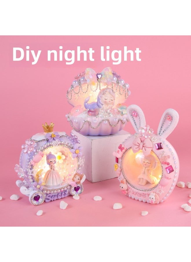 Mermaid Nightlight Children's Handmade Diy Material Bag Creative Production Shell Lamp Ornaments Educational Luminous Toys-Color:Pumpkin Car Light Purple Princess