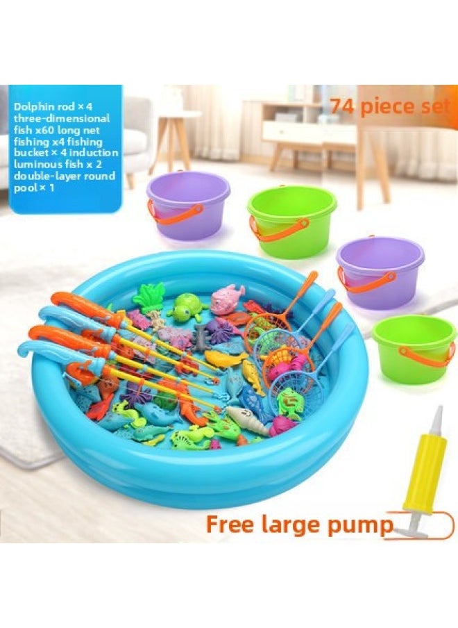 Children's Fishing Toys Educational Baby Play House Kitten Water Magnetic Square Fishing Toy Pool Suit-Color:Upgrade: 60 Fish 4 Dolphin Pole 4 Long Net 4 Barrel 2 Induction Fish Round Pool