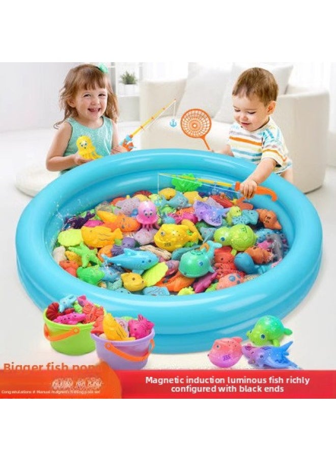 Children's Fishing Toys Educational Baby Play House Kitten Water Magnetic Square Fishing Toy Pool Suit-Color:Upgrade: 60 Fish 4 Dolphin Pole 4 Long Net 4 Barrel 2 Induction Fish Round Pool