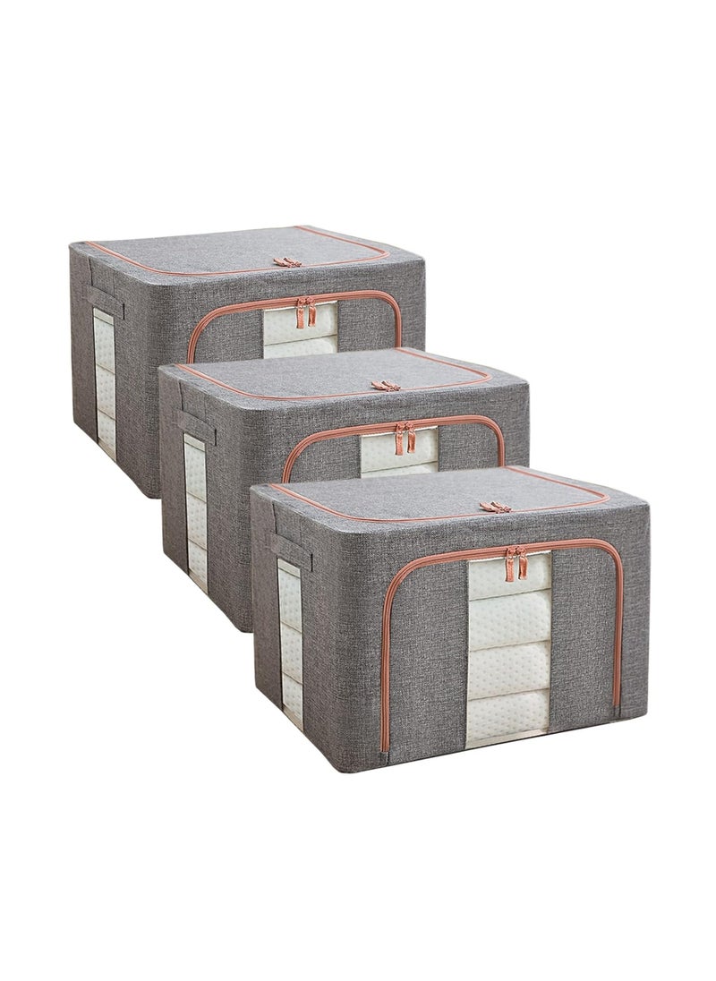 3 Pack Clothes Storage Bag Foldable Closet Organizers Storage Containers, Large Storage Bins for Comforters, Blankets, Bedding,Toys, Books, Foldable with Sturdy Zipper, Clear Window(Grey)