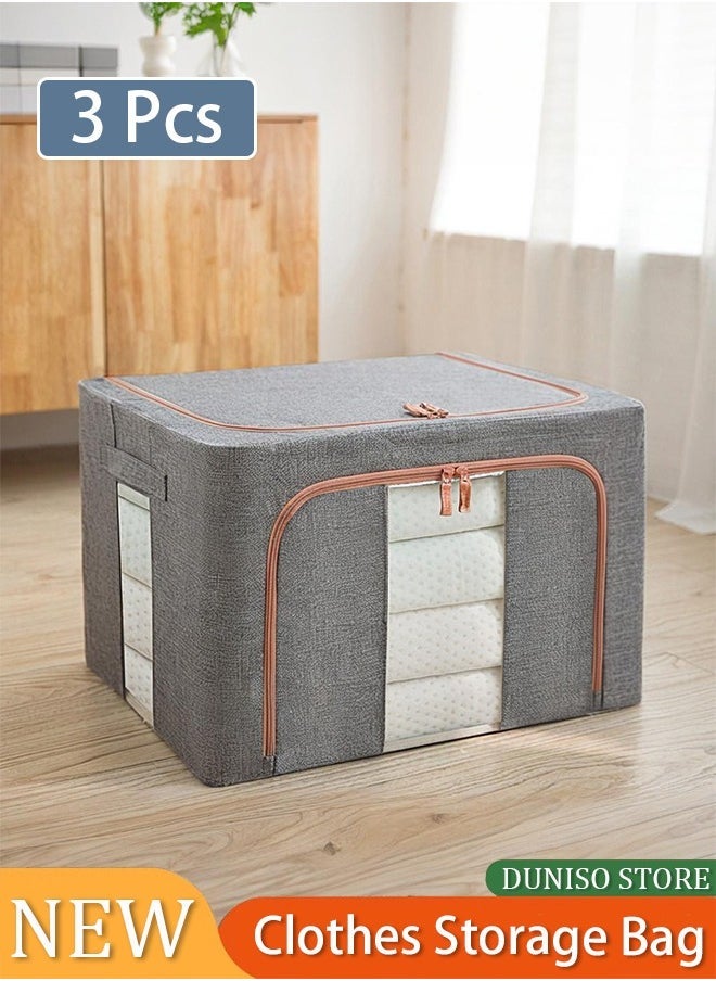3 Pack Clothes Storage Bag Foldable Closet Organizers Storage Containers, Large Storage Bins for Comforters, Blankets, Bedding,Toys, Books, Foldable with Sturdy Zipper, Clear Window(Grey)