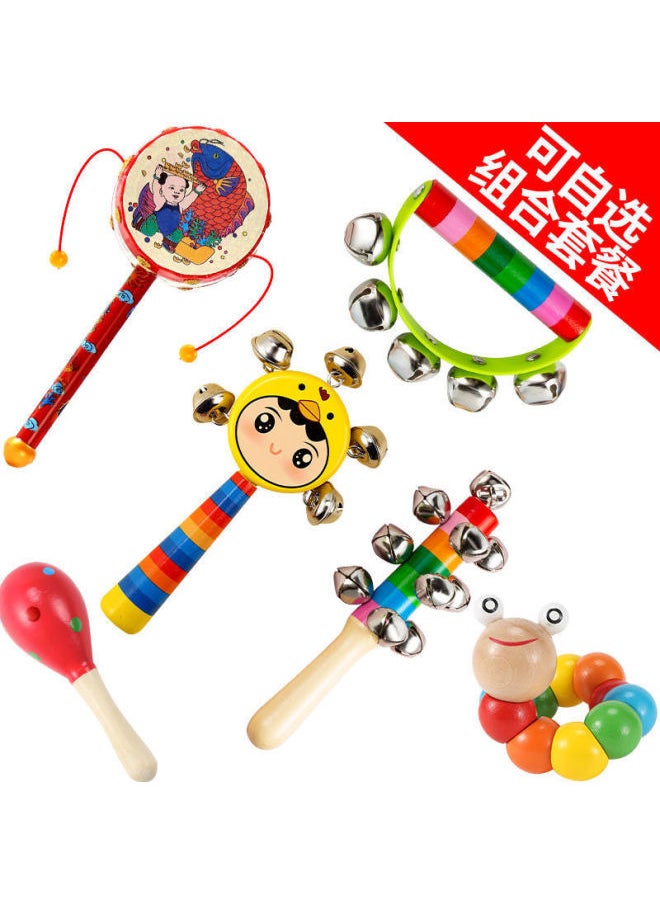 Newborn Hand Rattle Wave Drum 0 To 2 Years Old Hand Rattle Baby Toy Hundred Days Baby Toy Ringer Sand Hammer-Color:4-piece Set (Ping An Drum + Sand Hammer + Rattle + Twist Worm)