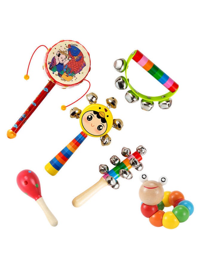 Newborn Hand Rattle Wave Drum 0 To 2 Years Old Hand Rattle Baby Toy Hundred Days Baby Toy Ringer Sand Hammer-Color:4-piece Set (Ping An Drum + Sand Hammer + Rattle + Twist Worm)