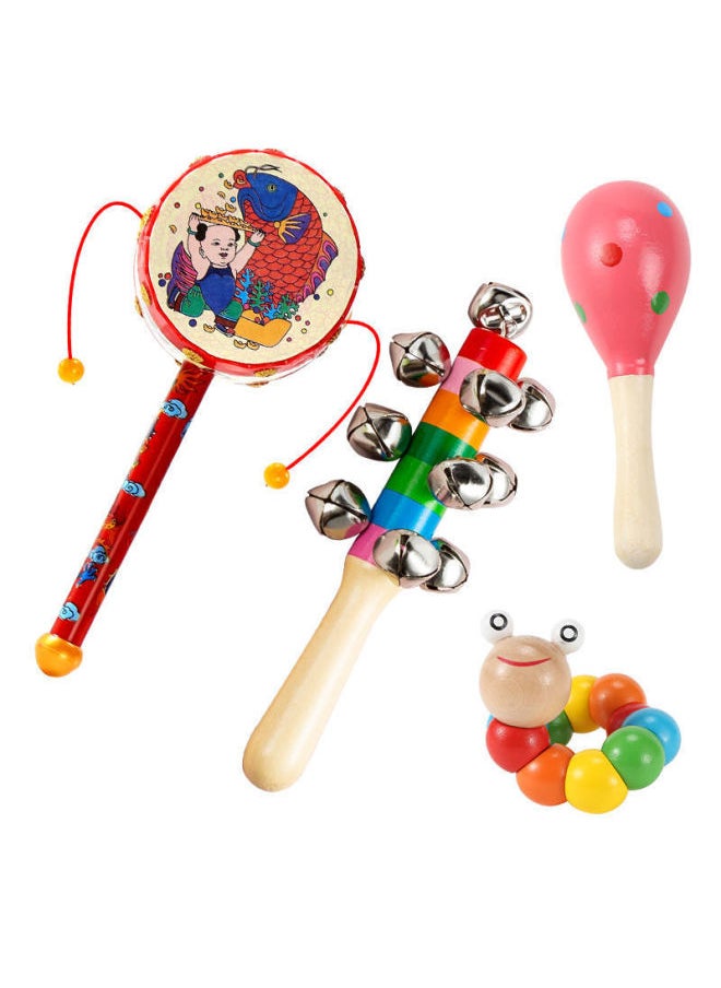 Newborn Hand Rattle Wave Drum 0 To 2 Years Old Hand Rattle Baby Toy Hundred Days Baby Toy Ringer Sand Hammer-Color:4-piece Set (Ping An Drum + Sand Hammer + Rattle + Twist Worm)