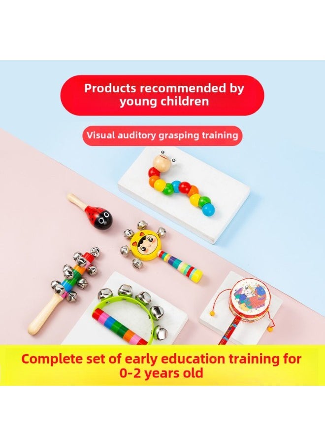 Newborn Hand Rattle Wave Drum 0 To 2 Years Old Hand Rattle Baby Toy Hundred Days Baby Toy Ringer Sand Hammer-Color:4-piece Set (Ping An Drum + Sand Hammer + Rattle + Twist Worm)