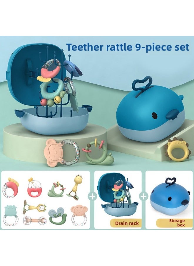 Newborn Baby Rattle Toy 0 To 3 Months Baby 6 Can Chew Tooth Gum 1 Year Old Puzzle Early Education Grasp Training-Color:Rattle 9-blue (whale Storage Box)